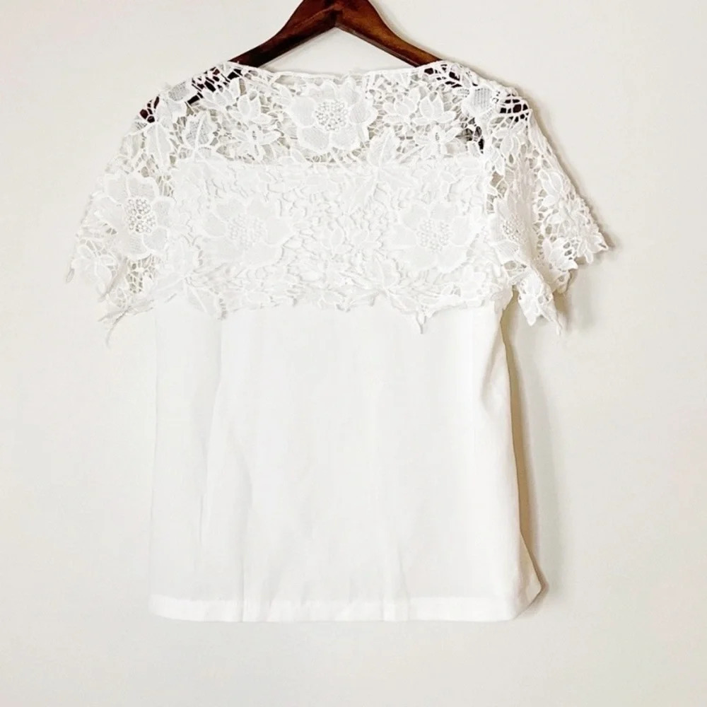 Lace Floral Top Blouse Overlay Floral Cotton Short Sleeve Size Small LIKE NEW